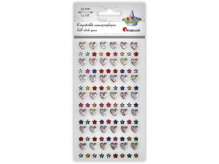 Kryszta�ki samoprzylepne na pasku 75mm mix serca 90x100mm przezroczyste z brokatem, kwiaty O6mm mix kolor�w 14szt. TITWLK26