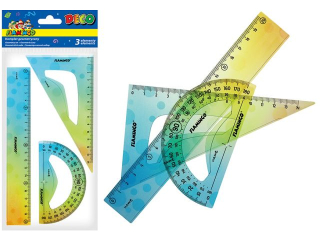 Komplet geometryczny 3 elementy z ozdobym, kolorowym nadrukiem zawiera: linijk� 20cm, ekierk� 14cm, k�tomierz