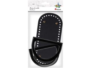 Zestaw do torebki: 1x spód - 22x10, 2cm, 2x rączki - 12x8, 5cm 1 kpl. czarny, srebrne pukle grubość dna: 3, 5mm, wysokość pukli: 6mm, otwory na sznure