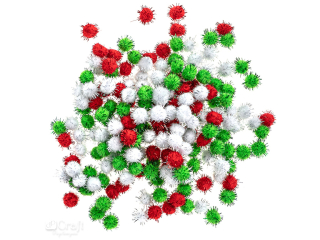 POMPONY POLIESTROWE METALIZOWANE 15 MM BIAE, CZERWONE, ZIELONE, 200 SZT [opakowanie=6szt]