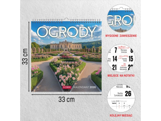 Kalendarz cienny O-PRESS kwadrat 33x33 Ogrody 2026