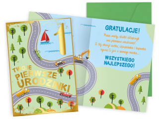 Kartka KUKARTKA PR-428 Urodziny 1 (roczek, cyferki, auta)