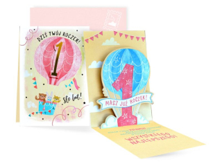 Kartka KUKARTKA PU-020 Urodziny 1 (roczek, cyferki, r�owy balon)