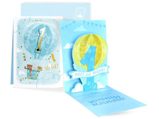Kartka KUKARTKA PU-021 Urodziny 1 (cyferki, roczek, niebieski balon)