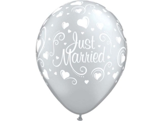 Balony QL 11 z nadr. "Just Married z sercami", crystal