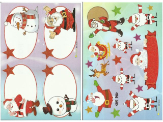 Naklejki świąteczne POLSYR 25ark. Małe 12x17cm zestaw.3 Mikołaje + na prezenty BROKAT