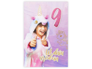 Kartka urodzinowa dla dziecka KZK B6 Nr 035, na 9 urodziny z Jednorocem