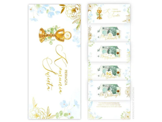 Kartka na Pierwsz� Komuni� KZK DL Premium na banknoty nr26 niebieski dla Ch�opca