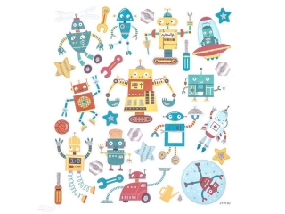 NAKLEJKI Z BROKATEM -  ROBOTY, 28 SZT.