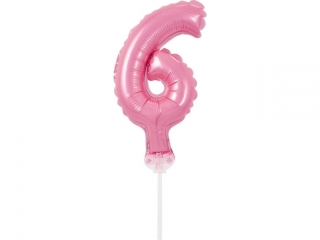Balon foliowy 13 cm na patyczku "Cyfra 6", różowa