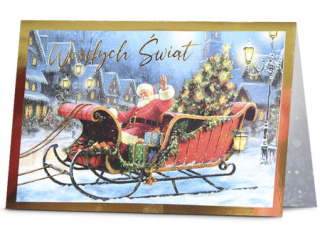 Kartki karnet PAN DRAGON Star 130 Boże Narodzenie sanie Mikołaja "Wesołych Świąt"