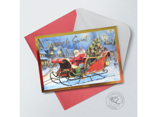 Kartki karnet PAN DRAGON Star 130 Boże Narodzenie sanie Mikołaja "Wesołych Świąt"