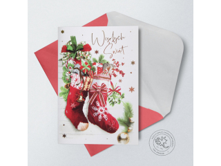 Kartki karnet PAN DRAGON Star 123 Bo¿e Narodzenie skarpety na prezenty "Weso³ych ¦wi±t"