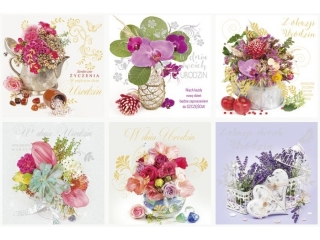 Kartki laurka LKW kwadrat Urodziny 150x150mm zest. 640 kwiaty - foto