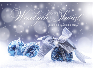 Kartki karnet PAN DRAGON K.B6 1650 Boże Narodzenie bombki niebieskie w śniegu "Wesołych Świąt Bożego Narodzenia"