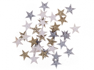 Drewniane brokatowe gwiazdki DPCRAFT dwustronne 1,4 cm, 36 szt. Złoty, srebrny, biały