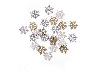 Drewniane brokatowe śnieżynki DPCRAFT dwustronne 1,6 cm, 24 szt. Złoty, srebrny, biały