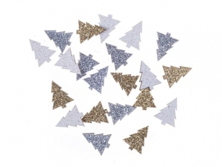 Drewniane brokatowe choinki DPCRAFT dwustronne 1, 5 x 2 cm, 21 szt. Złoty, srebrny, biały