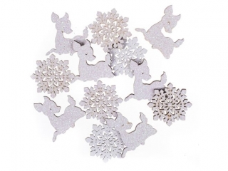 Drewniane sarenki i śnieżynki samoprzylepne z brokatem DPCRAFT 3,5 cm, 12 szt. Białe