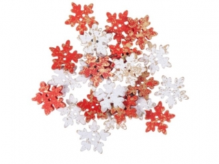 Drewniane guziki DPCRAFT śnieżynki 2,5 cm, 24 szt., czerwone/białe złocone
