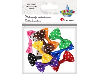 Aplikacje materiałowe kokardki 40x25mm czarne, białe, czerwone, zielone, niebieskie w kropki (po 2szt. z koloru) 10szt.