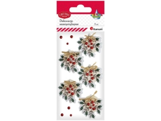 Dekoracje samoprzylepne papierowo-foliowe 3D świąteczne gałązki z jutową kokardą 35x34mm i czerwone perełki 4/3mm 11szt.