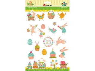 Naklejki papierowe krliczki, pisanki, koszyczki, pocig, napis Happy Easter 20szt.